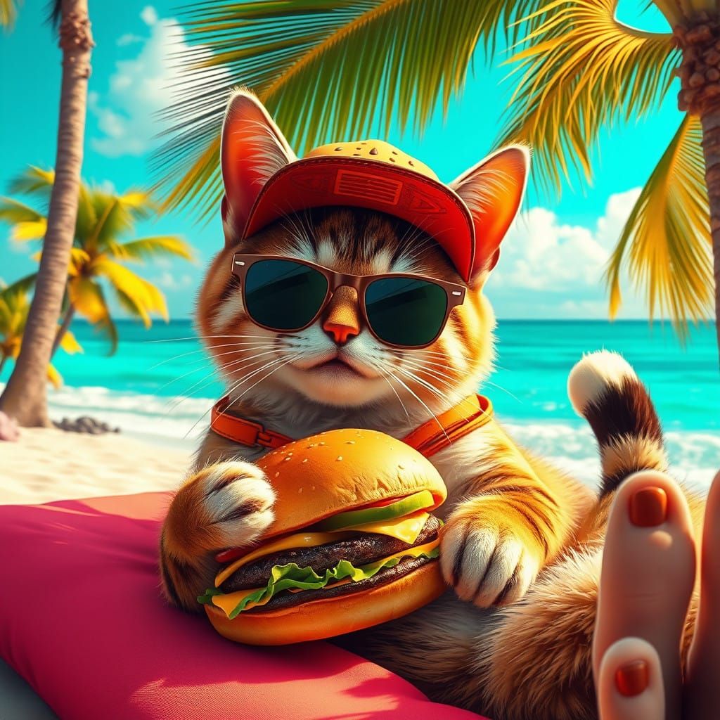 Sunglasses-Wearing Cat Enjoys Burger on Turquoise Beach