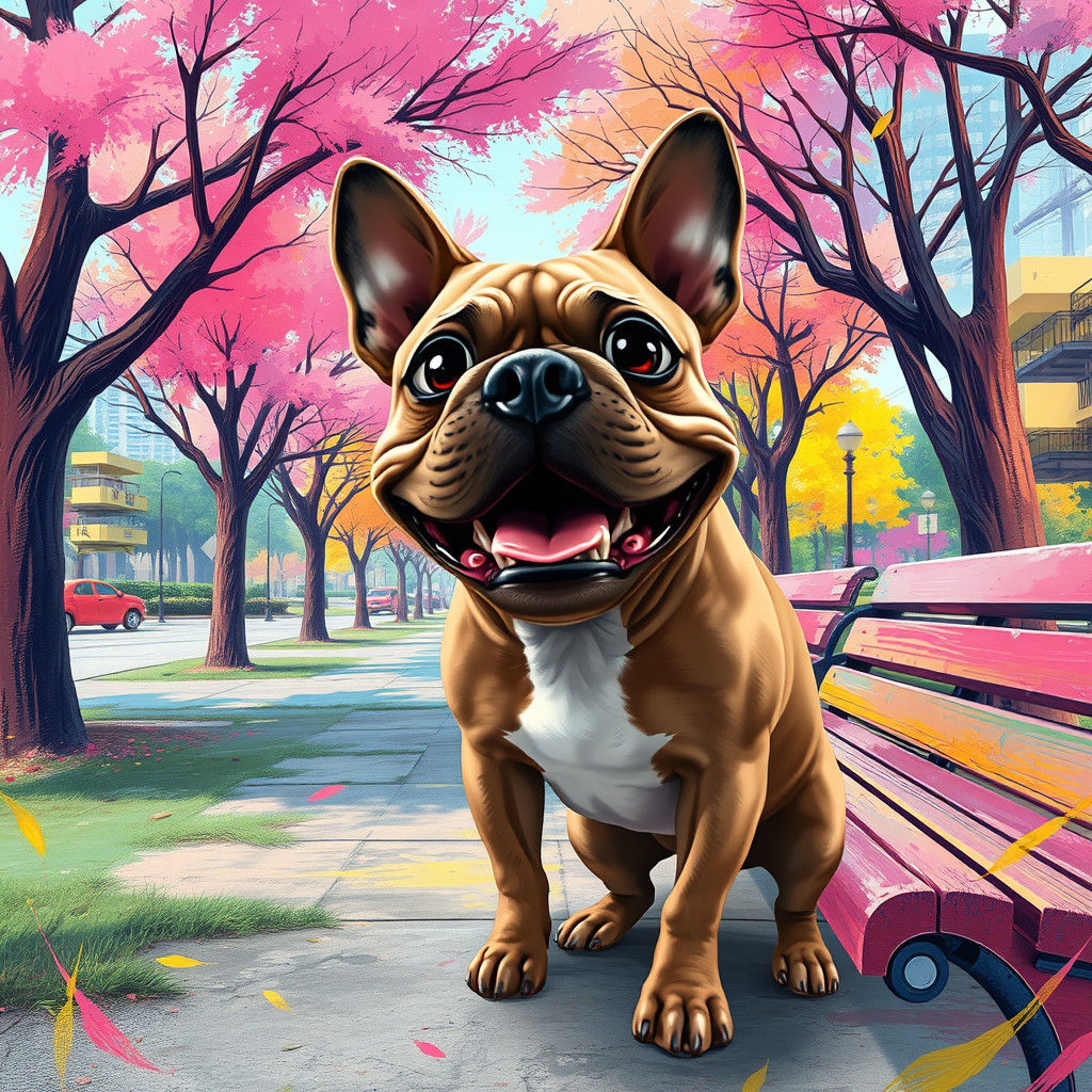 Whimsical Bulldog with Exaggerated Features in Dreamlike Par...