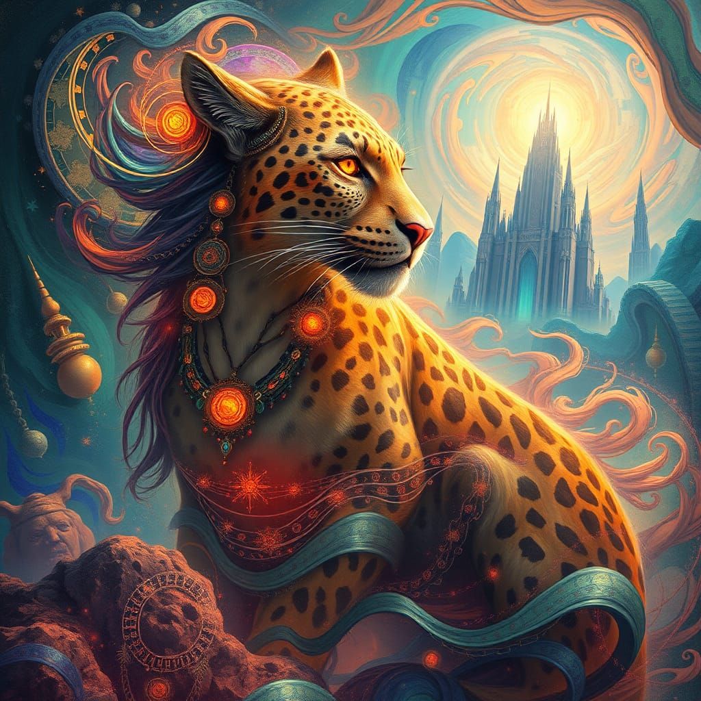 Ethereal Leopard Queen Embodies Time in Surreal City