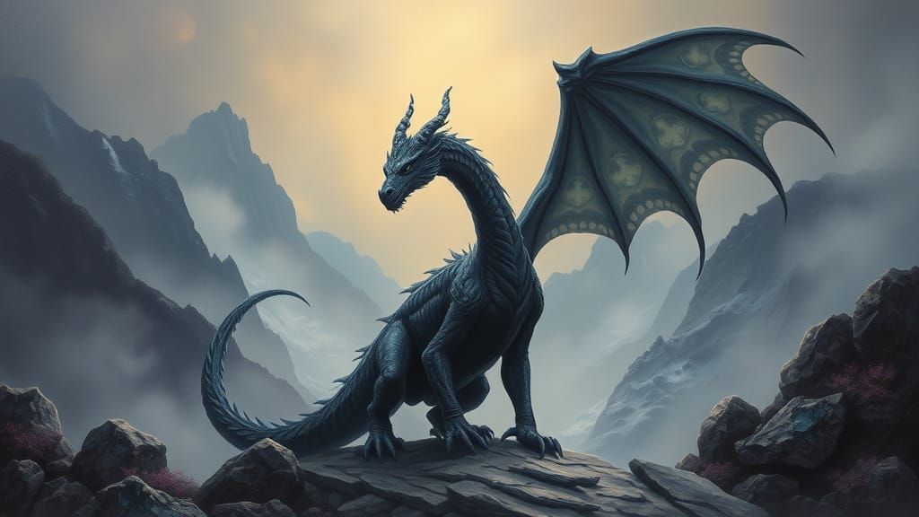 Mystical Black Dragon in Foggy Mountains Oil Painting
