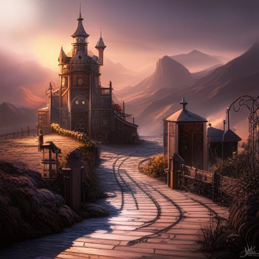 Steampunk Crow in Detailed Fantasy Landscape