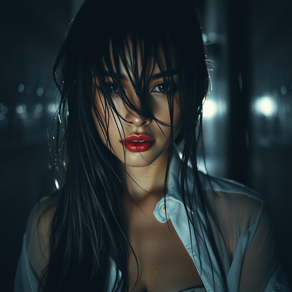 Rainy Alley Portrait with Cubist and Geometric Influences