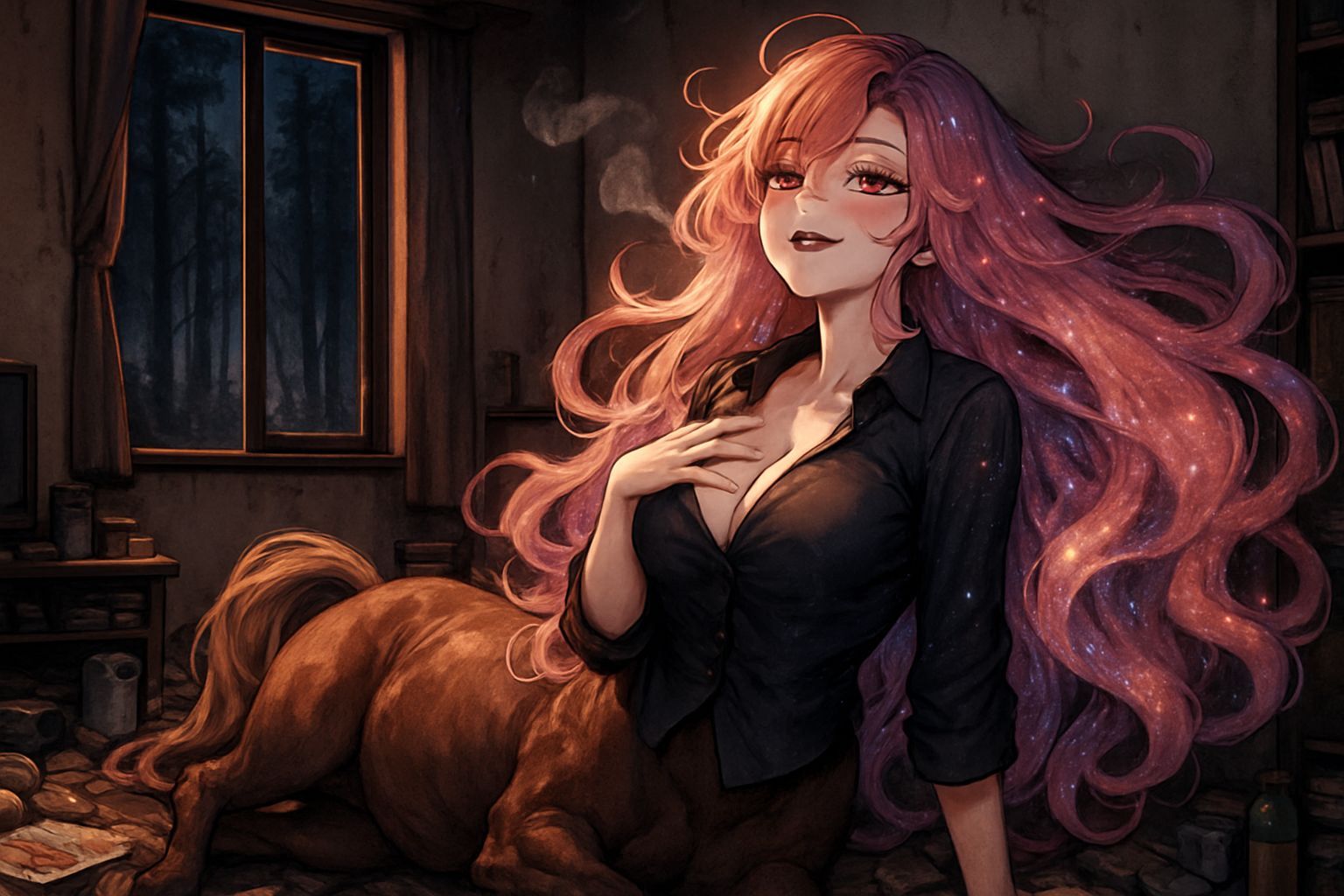 Beautiful Centaur in Dimly Lit Room, Anime Style