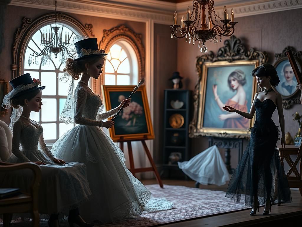 Intricate Wax Dolls and Gothgirl Painter in Dollhouse
