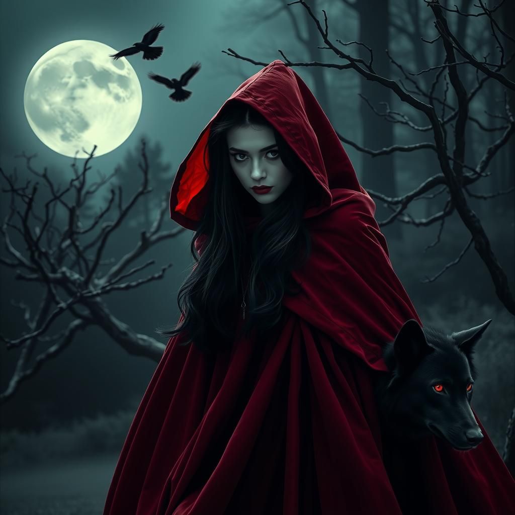 Gothic Little Red Riding Hood in Dark Forest