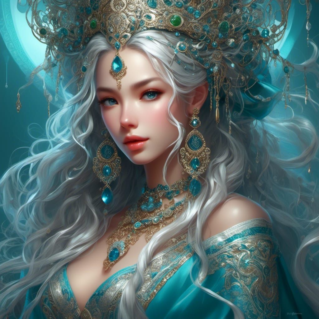 Silver Haired Princess in Blue Silk Robe