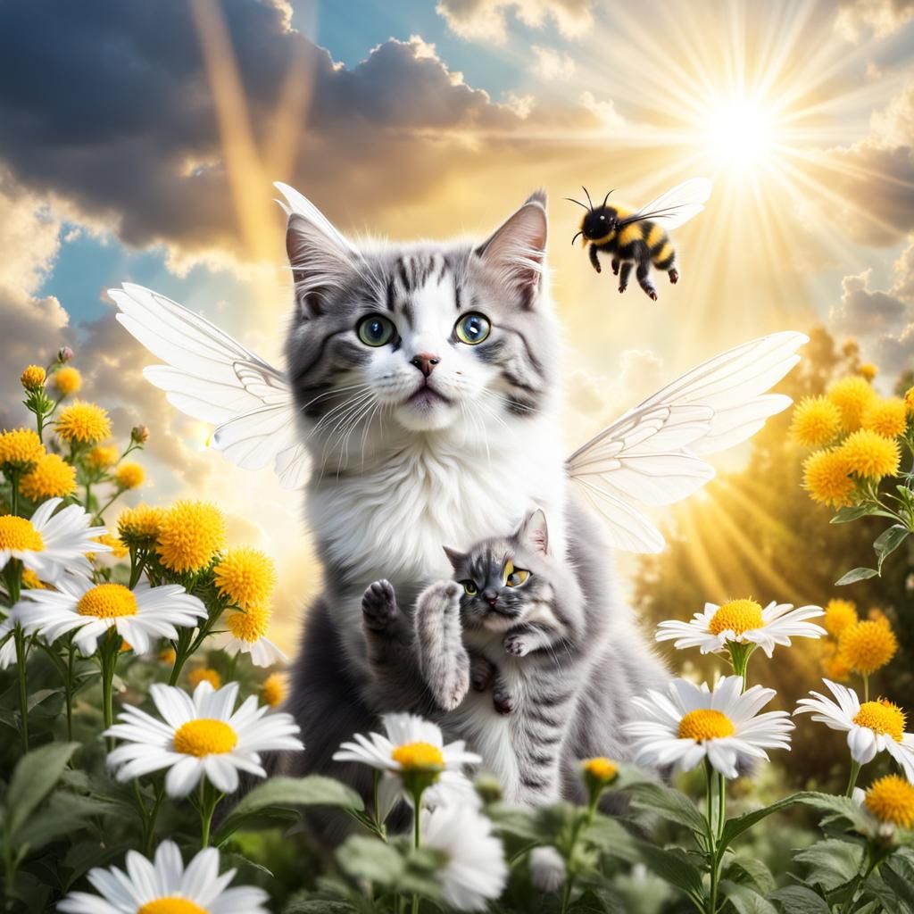 Bumblebee Kitten Hybrid Flying Among Flowers