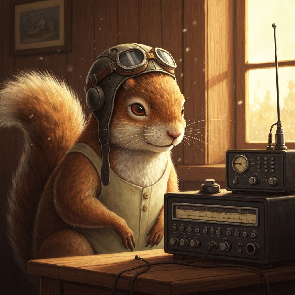 Squirrel Operating Vintage HAM Radio in Cozy Room