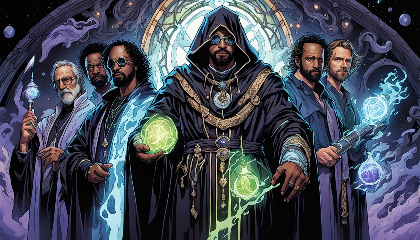 Phosphorescent Hip-Hop Battlemage Portrait in Vitrail Style