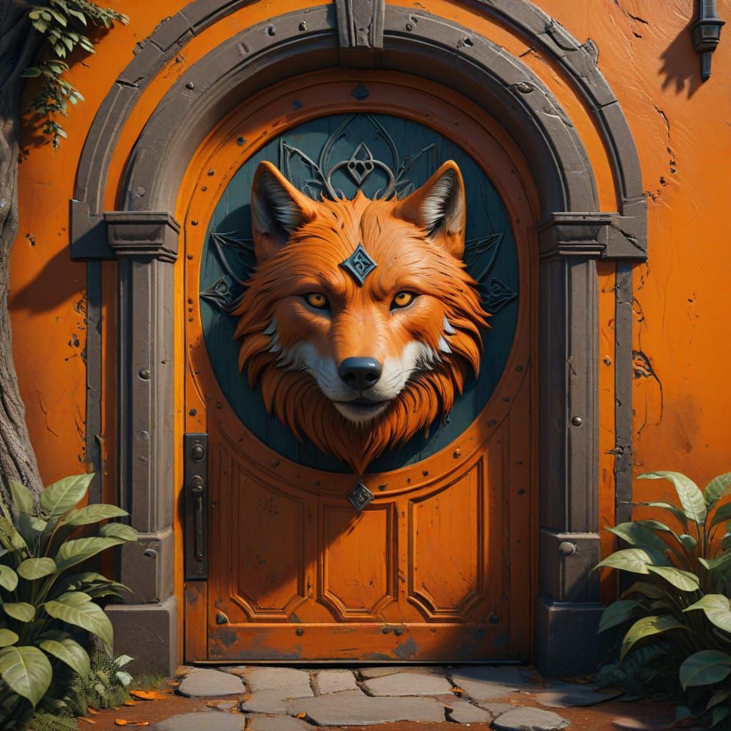 Vibrant Fantasy Door with Intricate Wolf Symbol