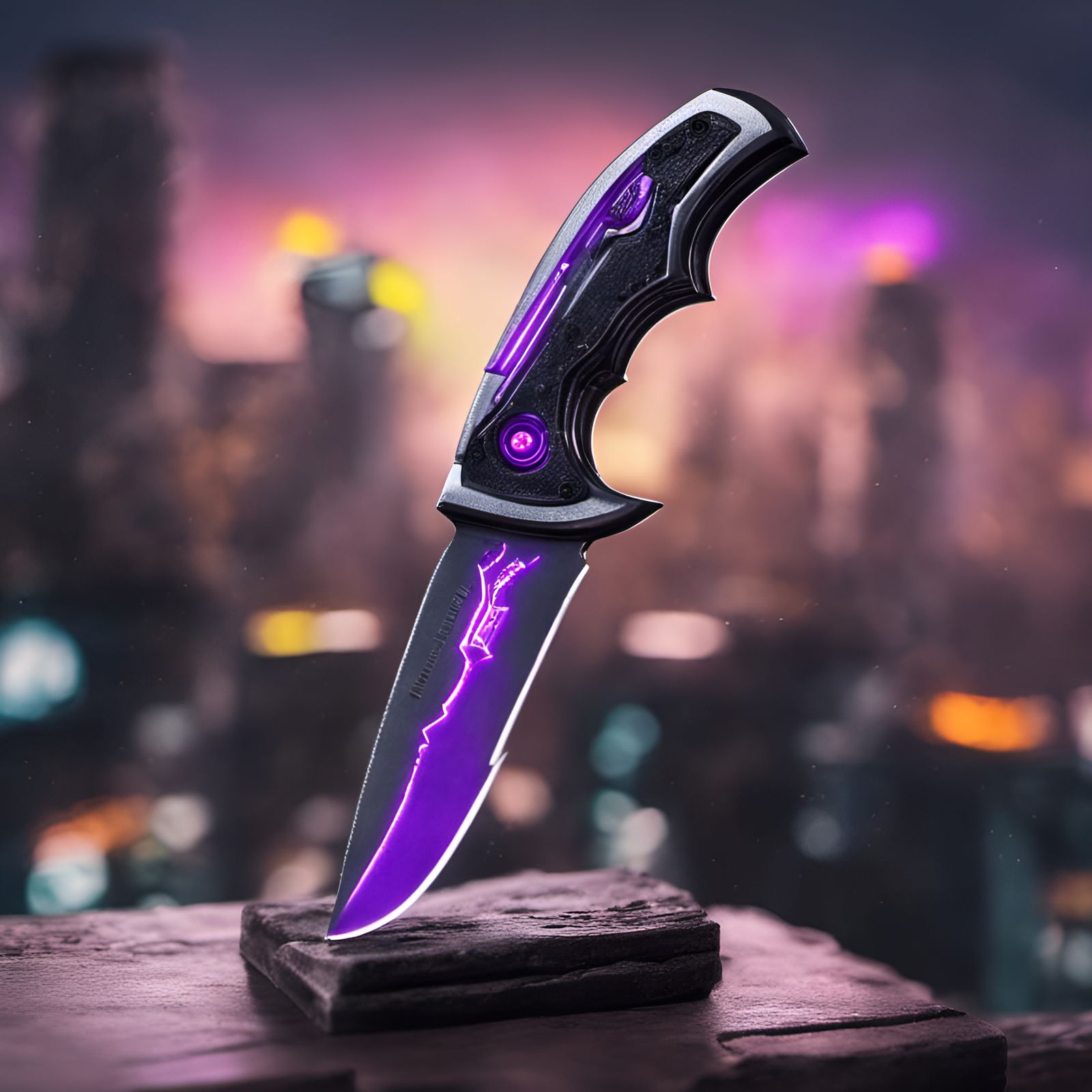 Futuristic Glowing Knife Stabbing Table in Cyberpunk Style