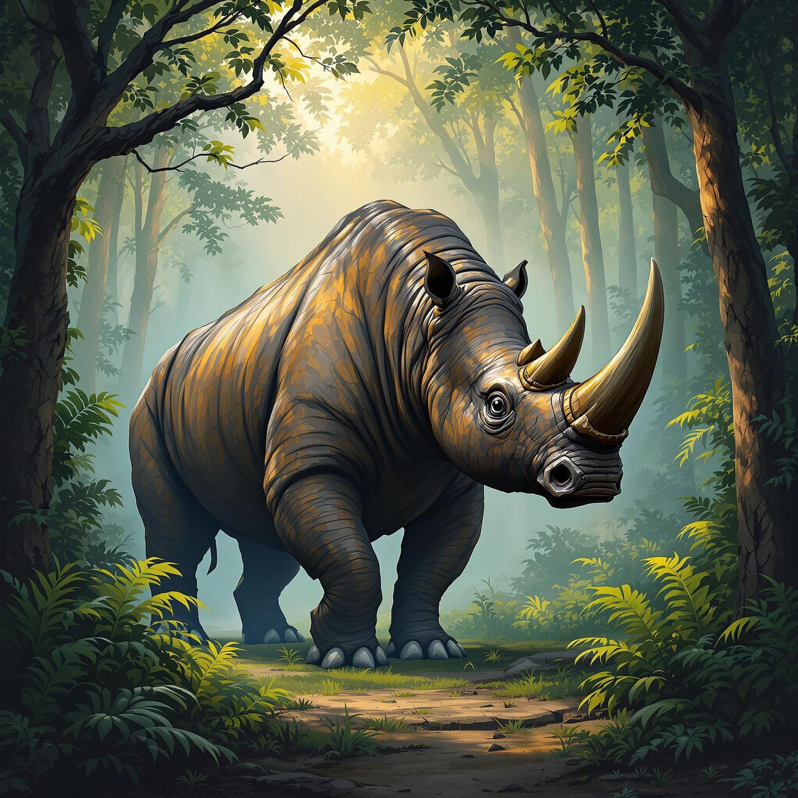 Elasmotherium in a Lush, Misty Forest, in the Style of Paleo...