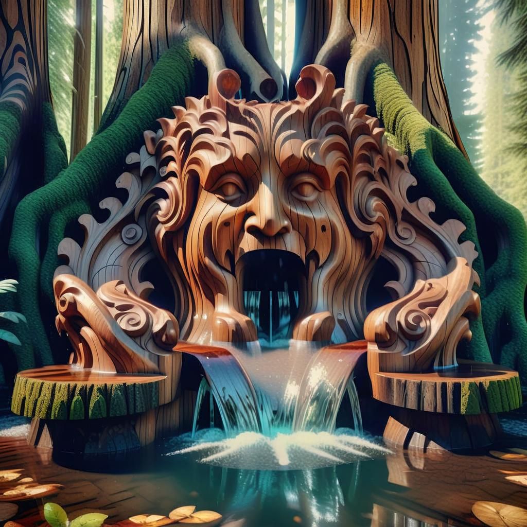 Majestic Redwood Fountain in a Misty Rainforest