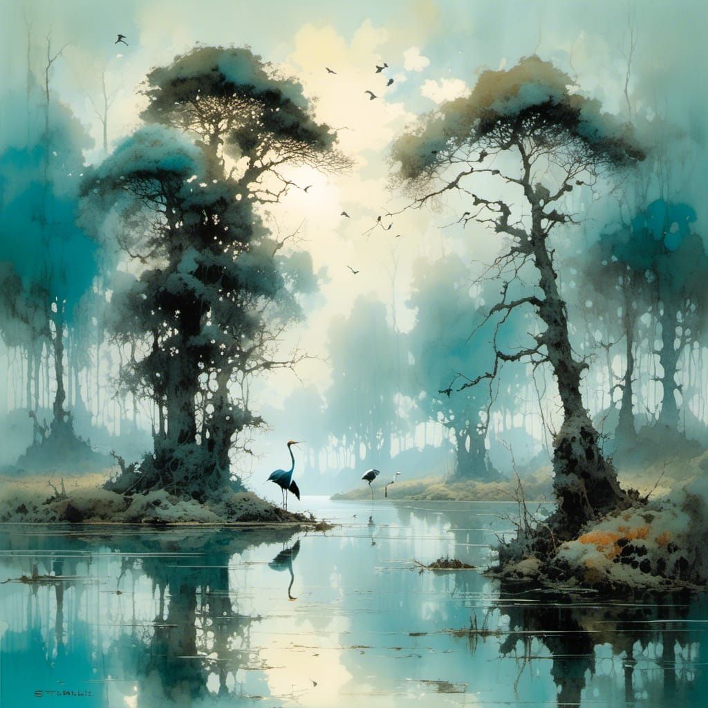 Turquoise Swamp Landscape with Cranes in Evening Light
