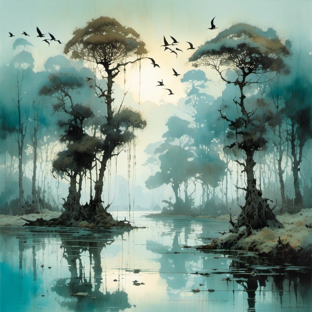 Turquoise Swamp Landscape with Cranes at Twilight