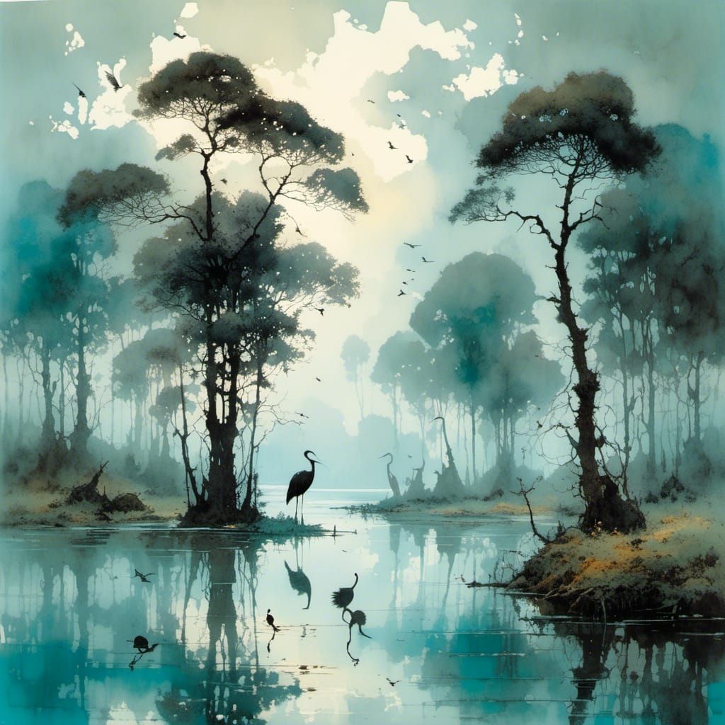 Turquoise Shimmer: Cranes in a Mystical Swamp