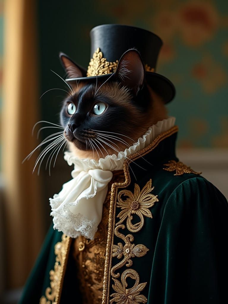 Regal Siamese Cat in 18th-Century Prince Attire, Hyperrealis...