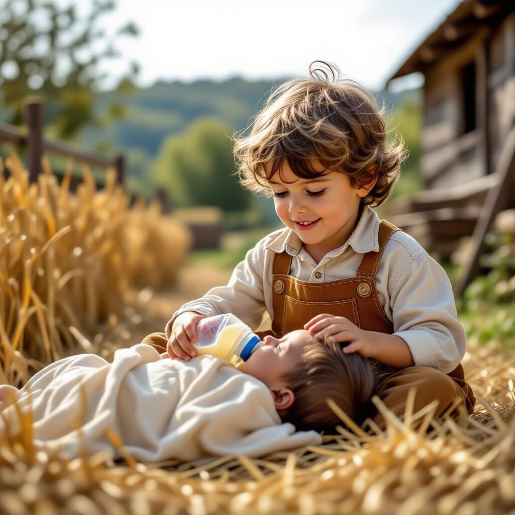 Boy Feeds Baby Brother on French Farm