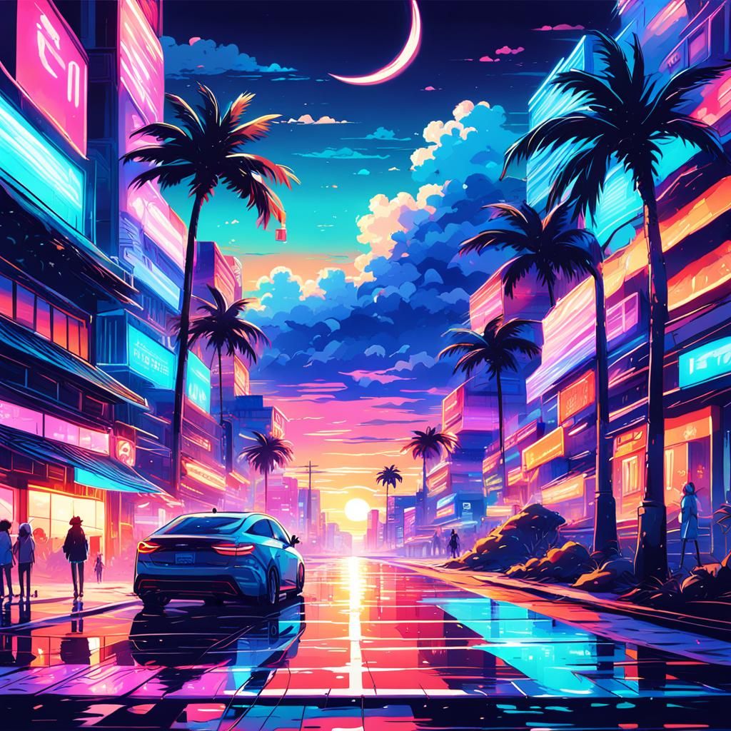 Neon Sunset Ocean Cityscape in Anime Style