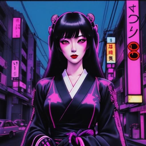 Japanese Gothic Girl in Synthwave Neon Style
