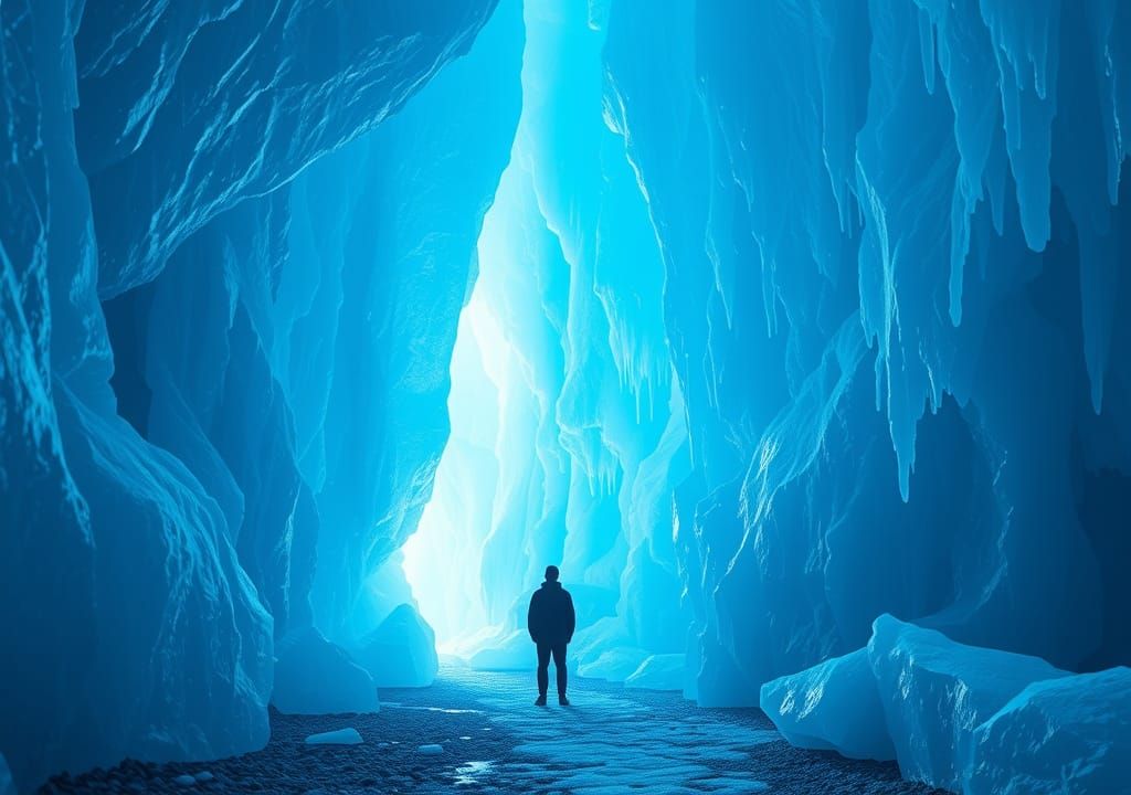 Ethereal Ice Cave with Figure, Color Field Style