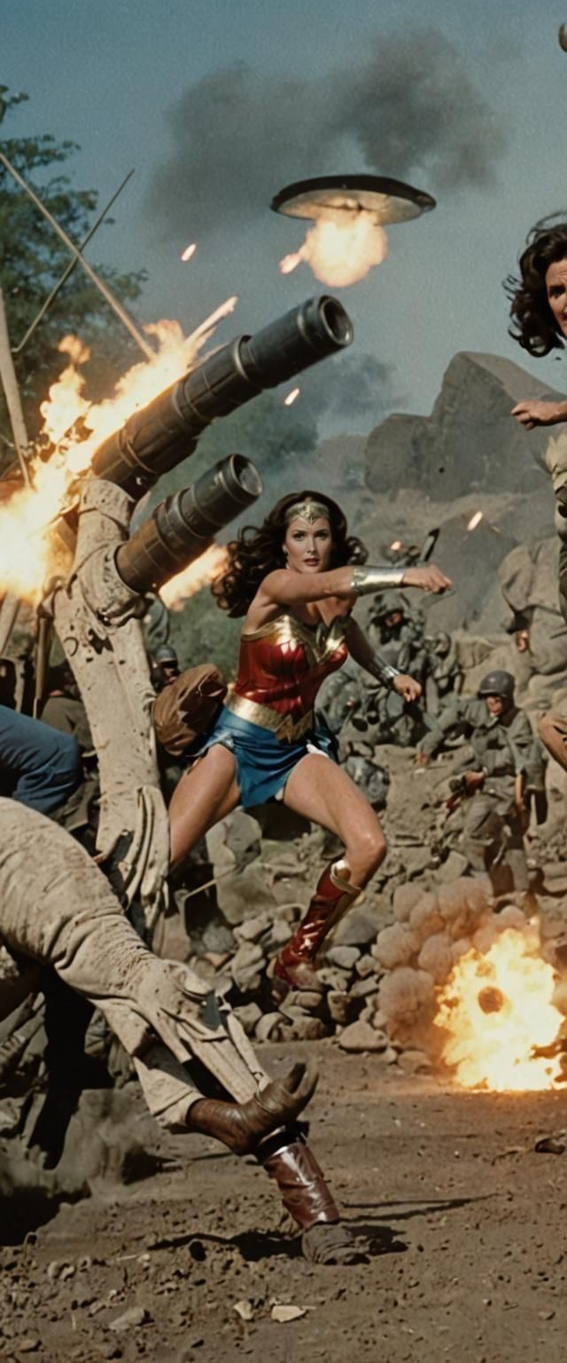Wonder Woman Deflects Bullet: Cinematic Film Still