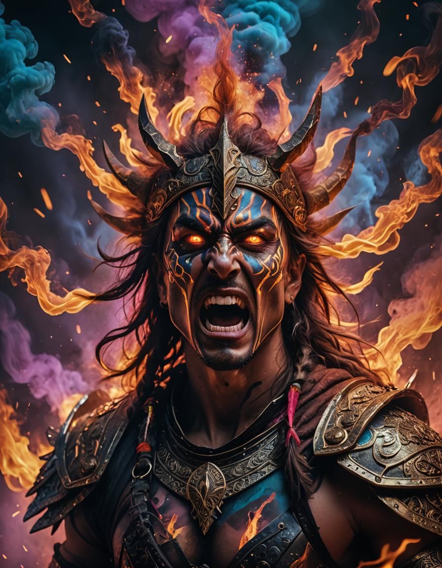 Warrior's Silent Scream in a Psychedelic Dreamscape