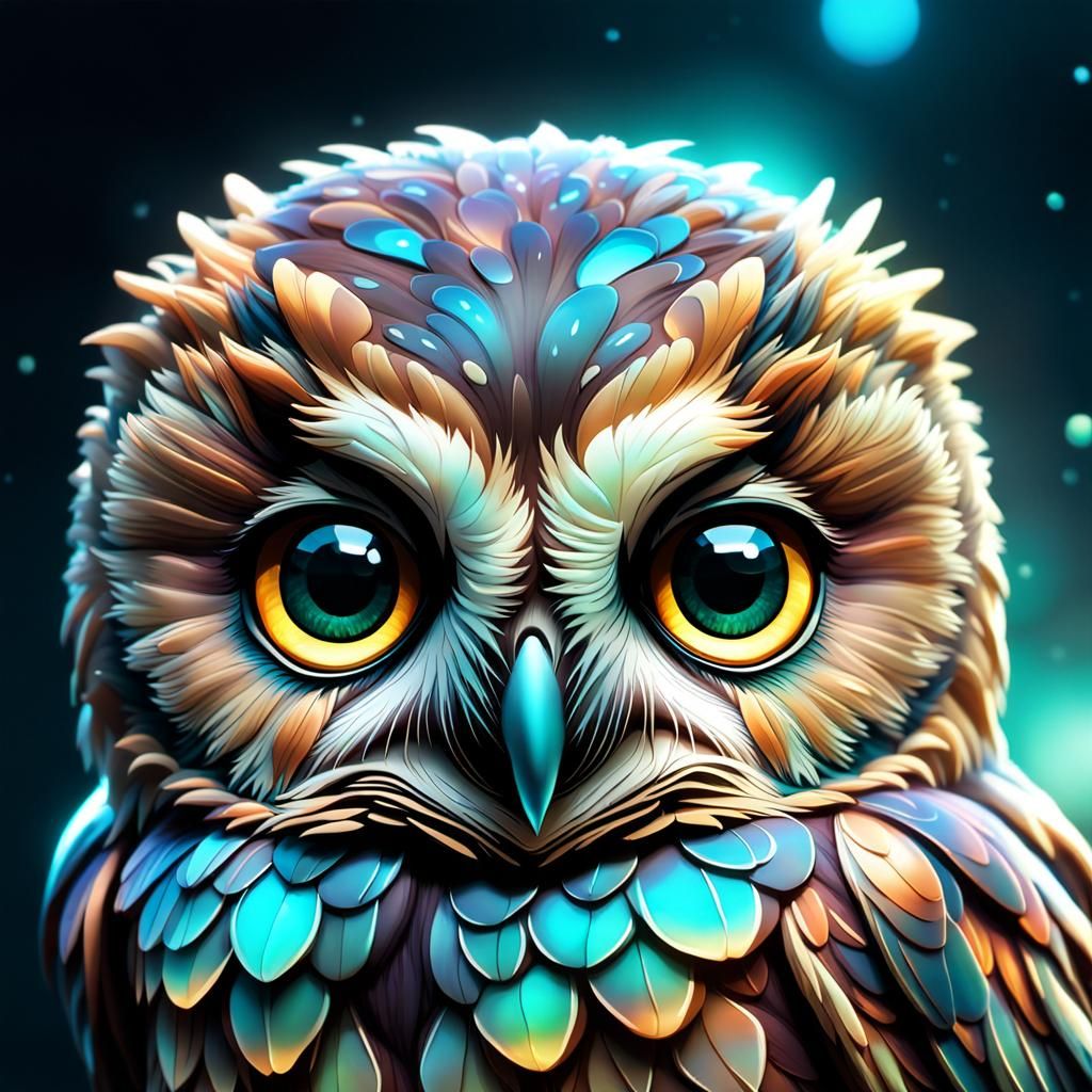 Cute Baby Owl with Tilted Head, Digital Painting