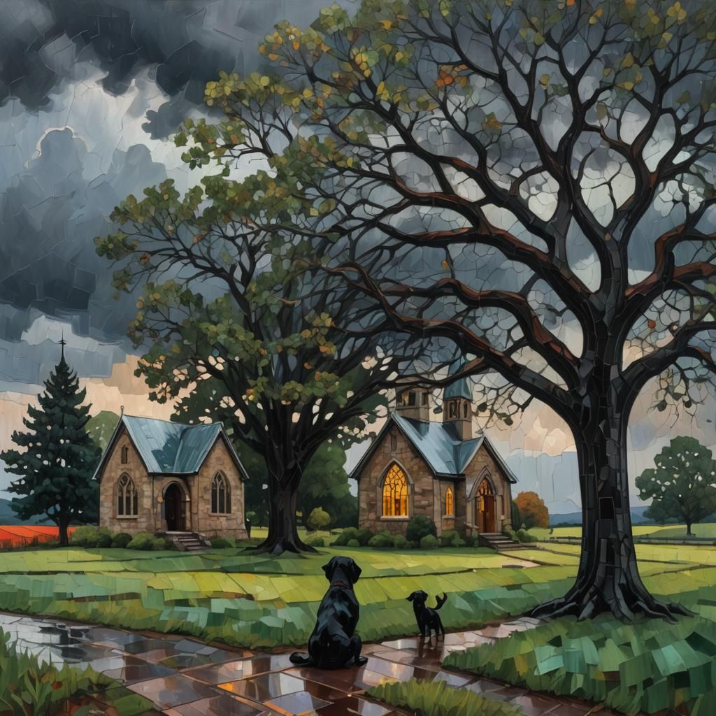 Chapel, Tree, and Dog in Impasto Style