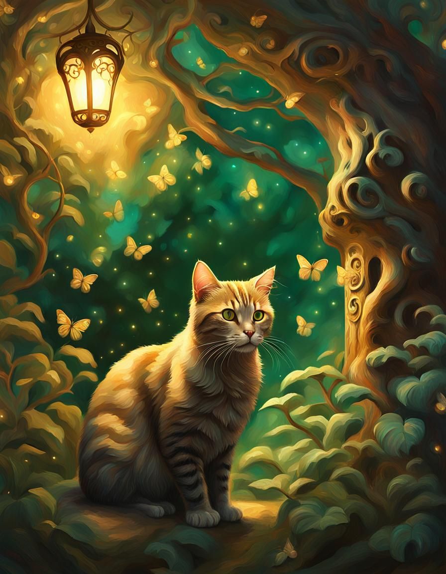 Mystical Garden Cat in Tenebrism Painting Style