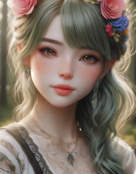 Green-Haired Woman Portrait in Realistic CGI Style