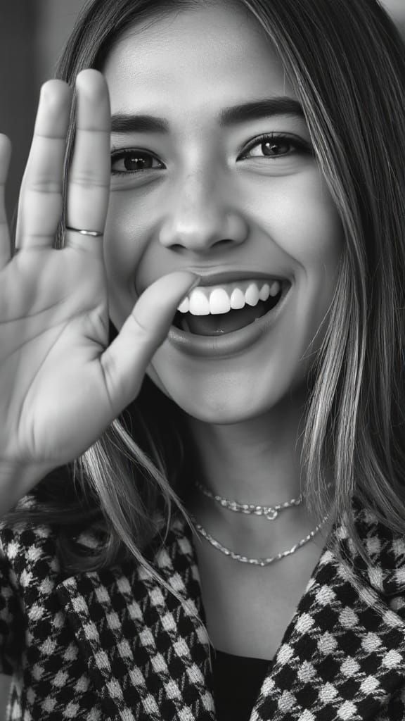 Surreal Black and White Portrait of Joyful Young Woman
