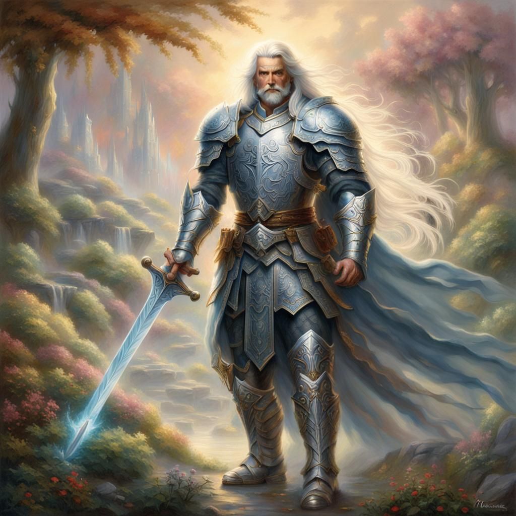 Armored Warrior with Sword in Ethereal Fantasy Landscape