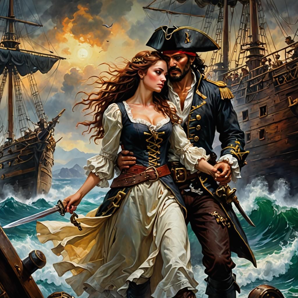 Pirate Captain and Princess: A Dramatic Oil Painting
