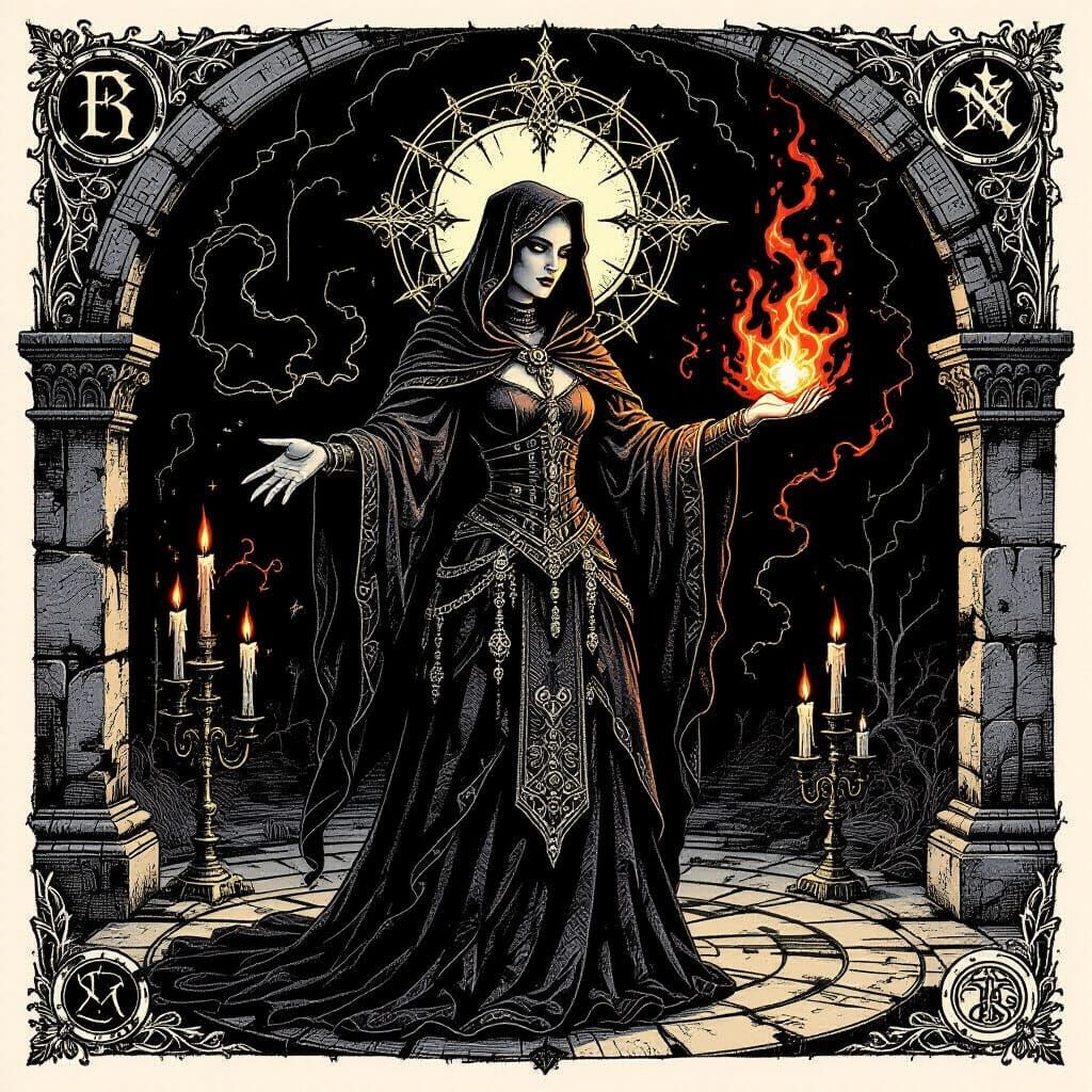 Sorceress Commands Dark Magic in Gothic Engraving
