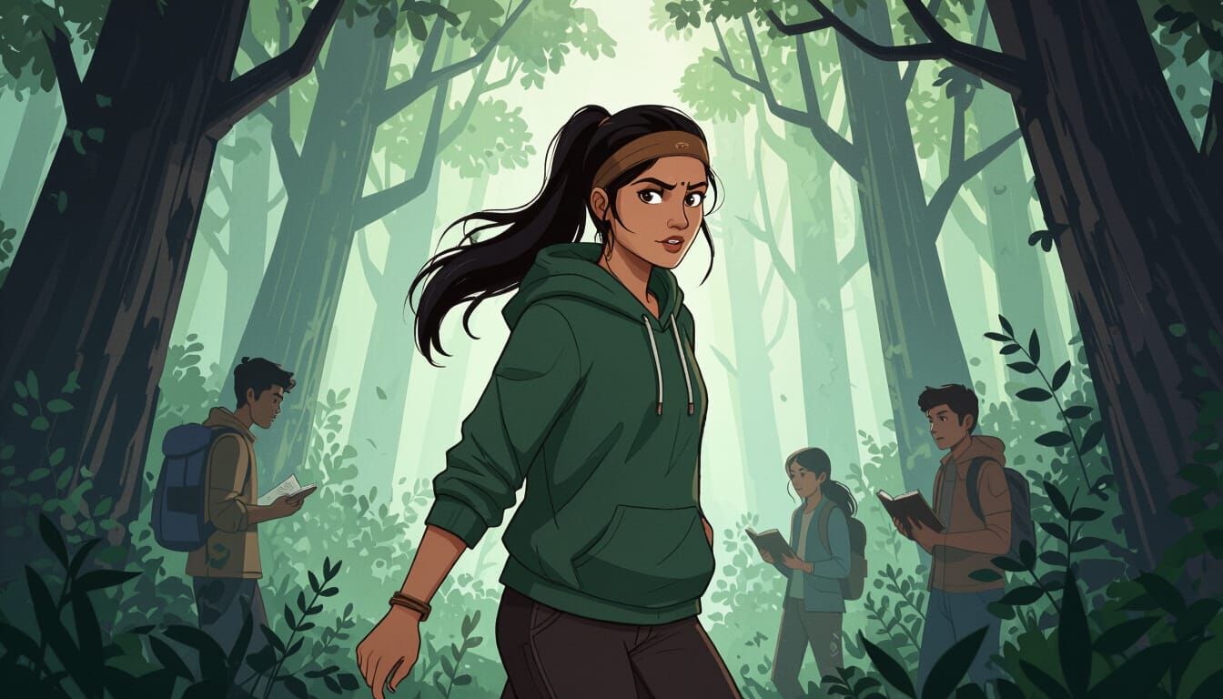 Indian Woman's Fearful Pause in Shadowy Forest