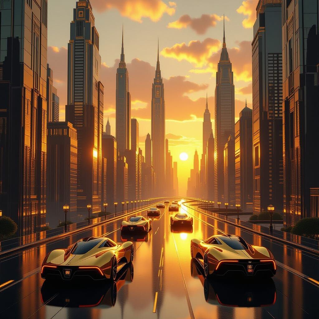 Futuristic Art Deco Cityscape at Golden Hour