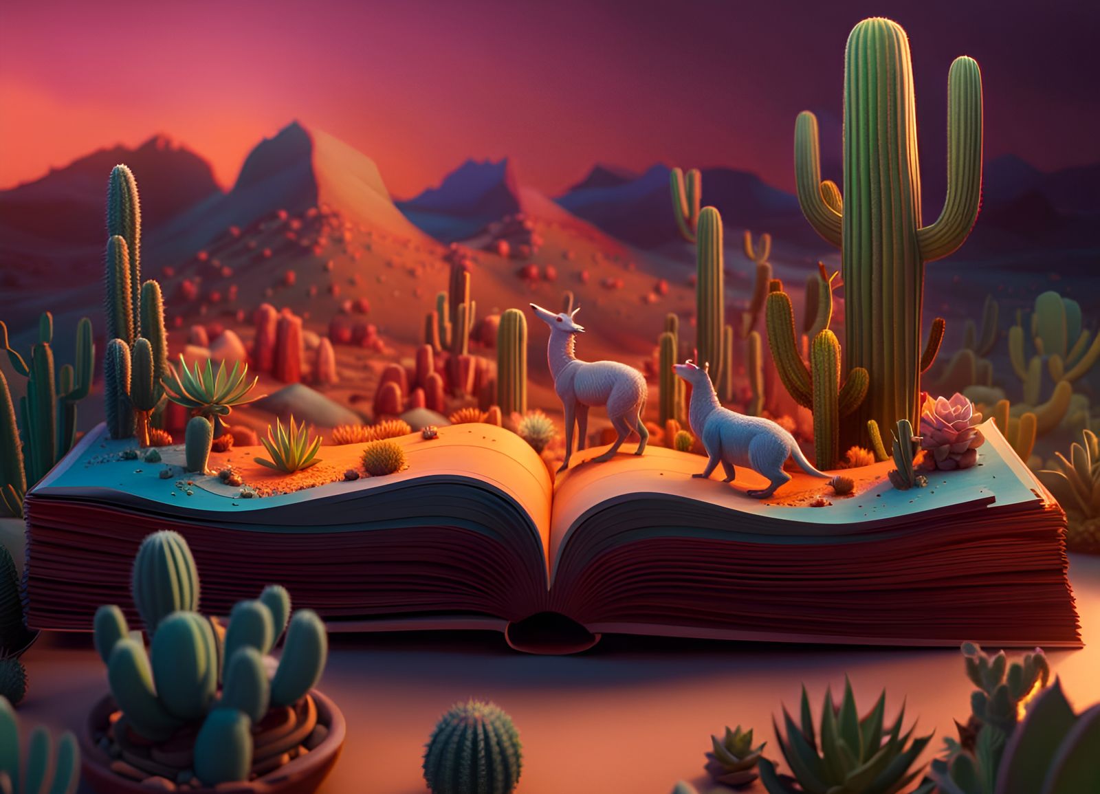 Desert Sunset in 3D Pop-Up Book: Detailed Matte Painting