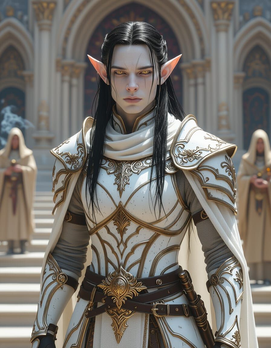 Pale Elf Warrior in Ornate Armor at Fantasy Cathedral
