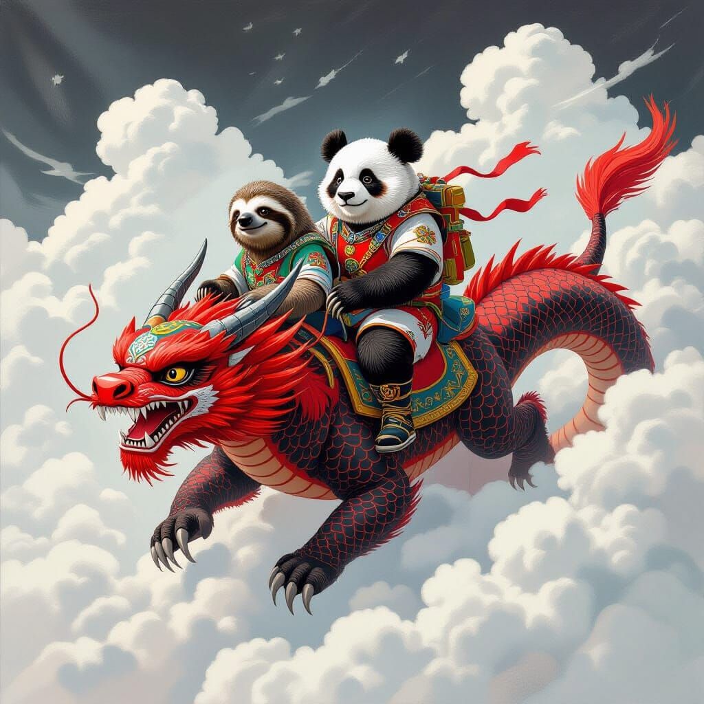 Sloth and Panda on Dragon, Charcoal Drawing