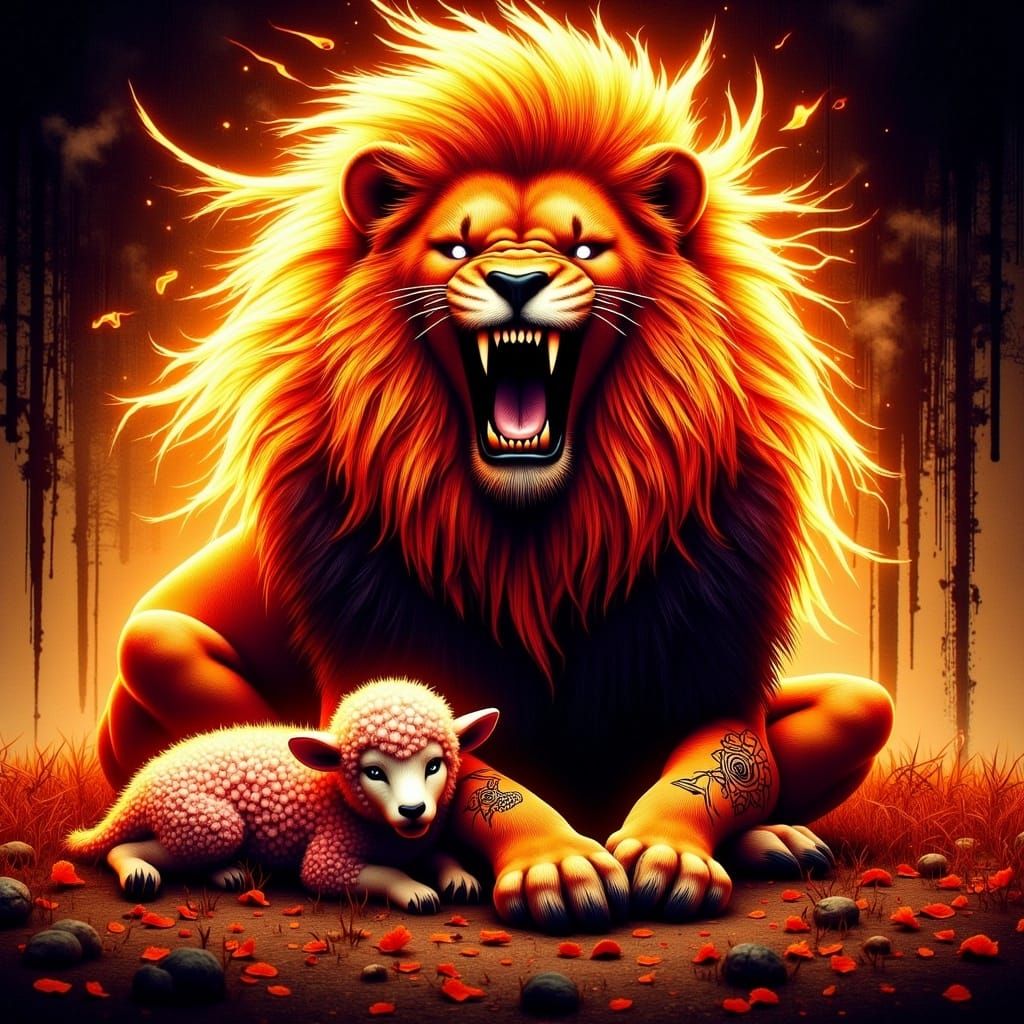 Cyberpunk Lion Roaring Over Lamb in Golden Light