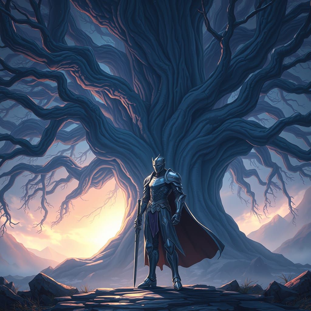 Ethereal Knight in Moonlit Guard Before Ancient Tree