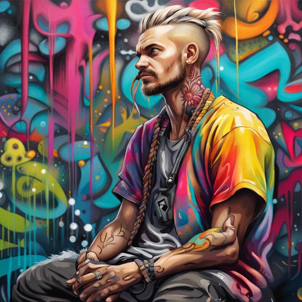 Bohemian Man with Braided Hair in Graffiti Art