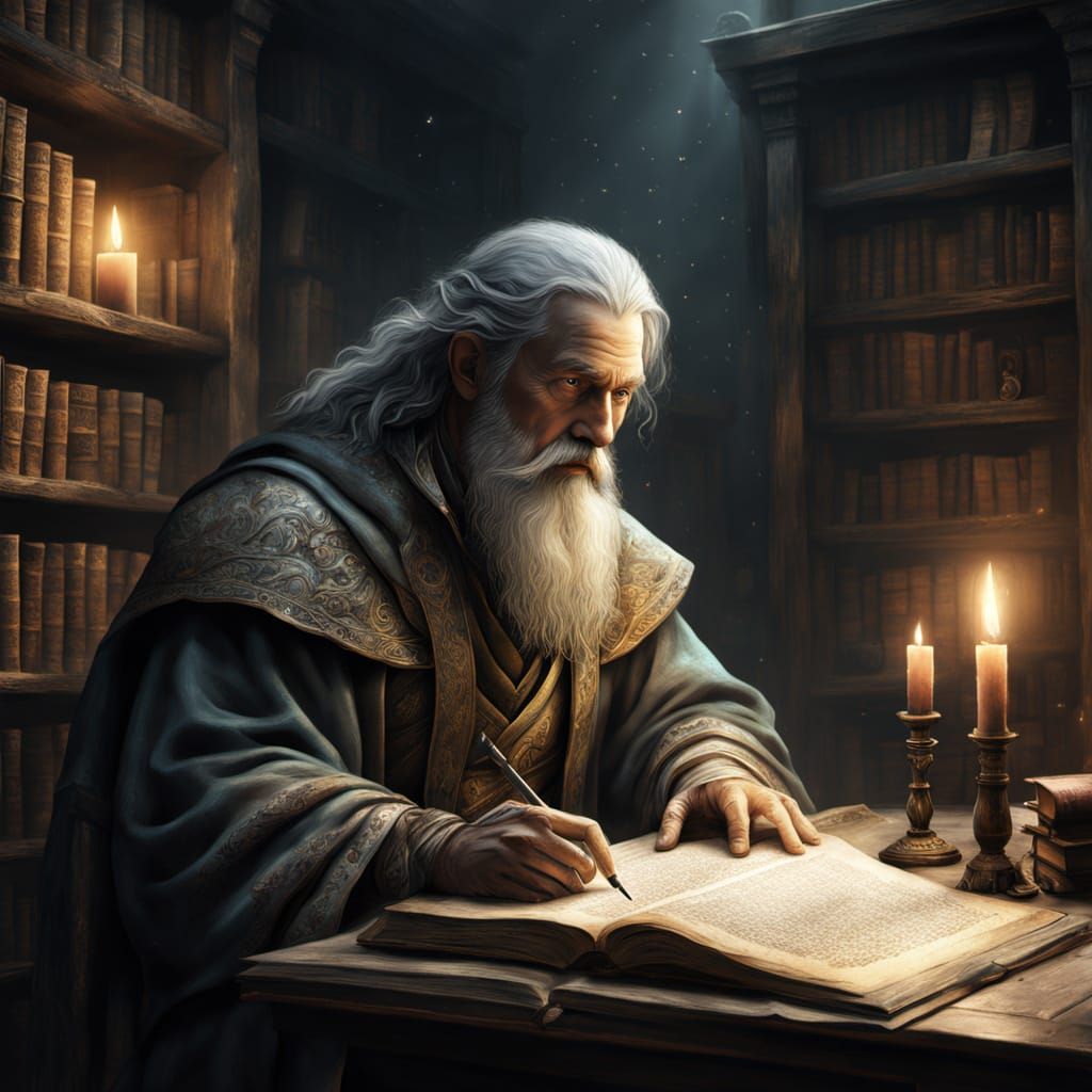Scholar in Dimly Lit Study with Ancient Scrolls