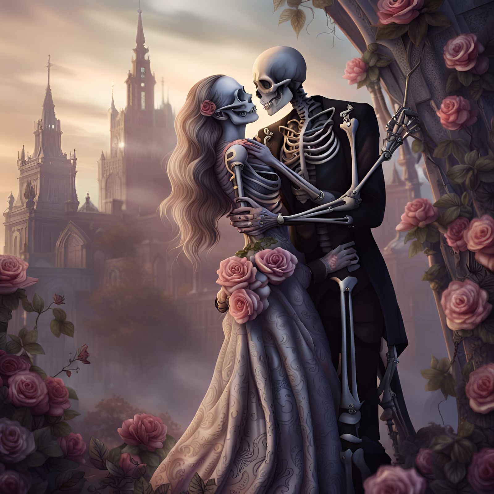 Gothic Skeleton Couple in Futuristic Wonderland