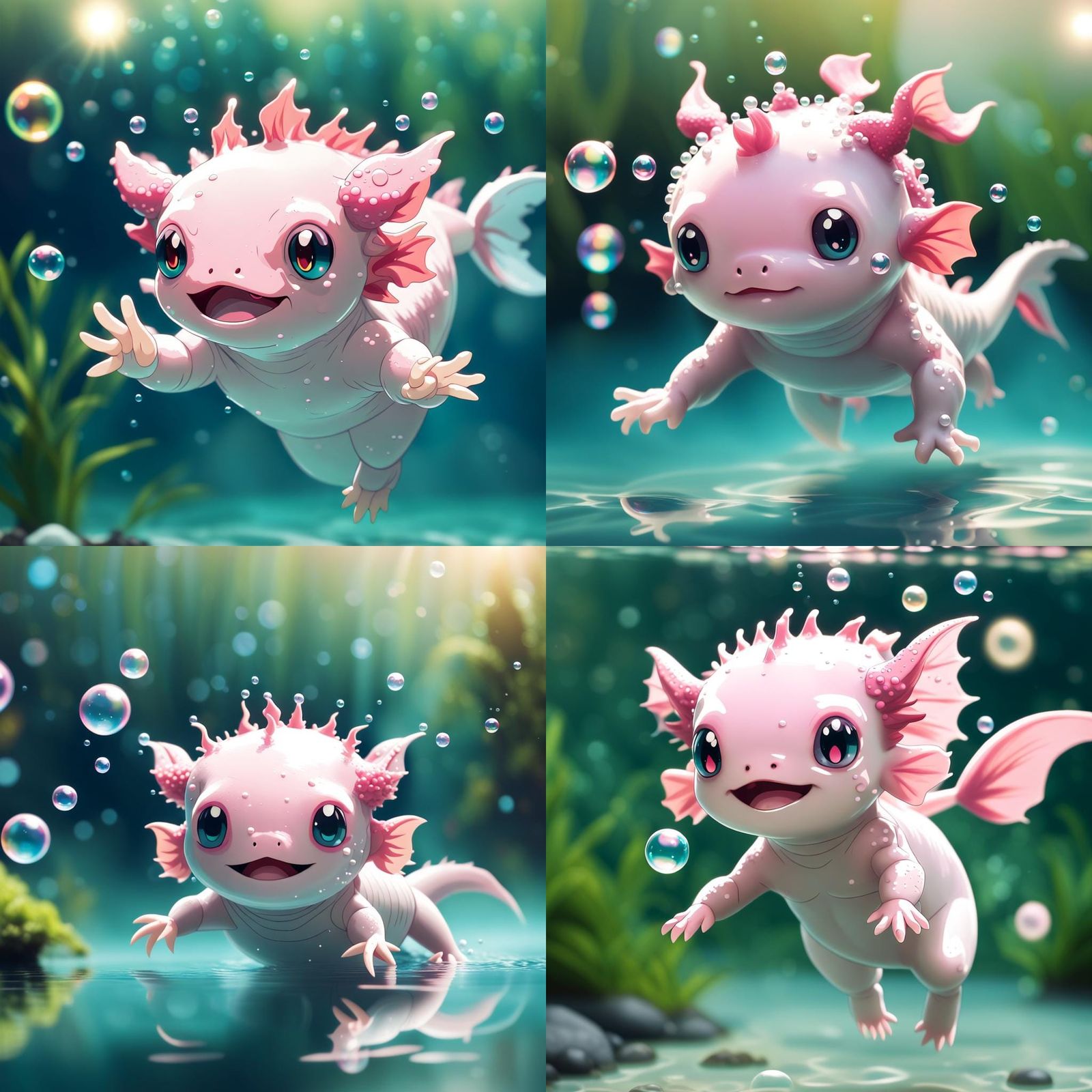 Cartoon Anime Axolotl-Human Hybrid Underwater