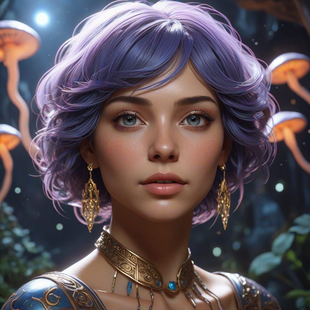 Bioluminescent Woman with Starlight Hair, Fantasy Art