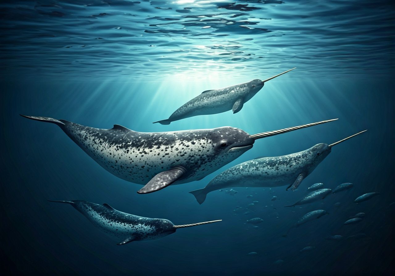 Pod of Narwhals Swimming in Deep Blue Ocean
