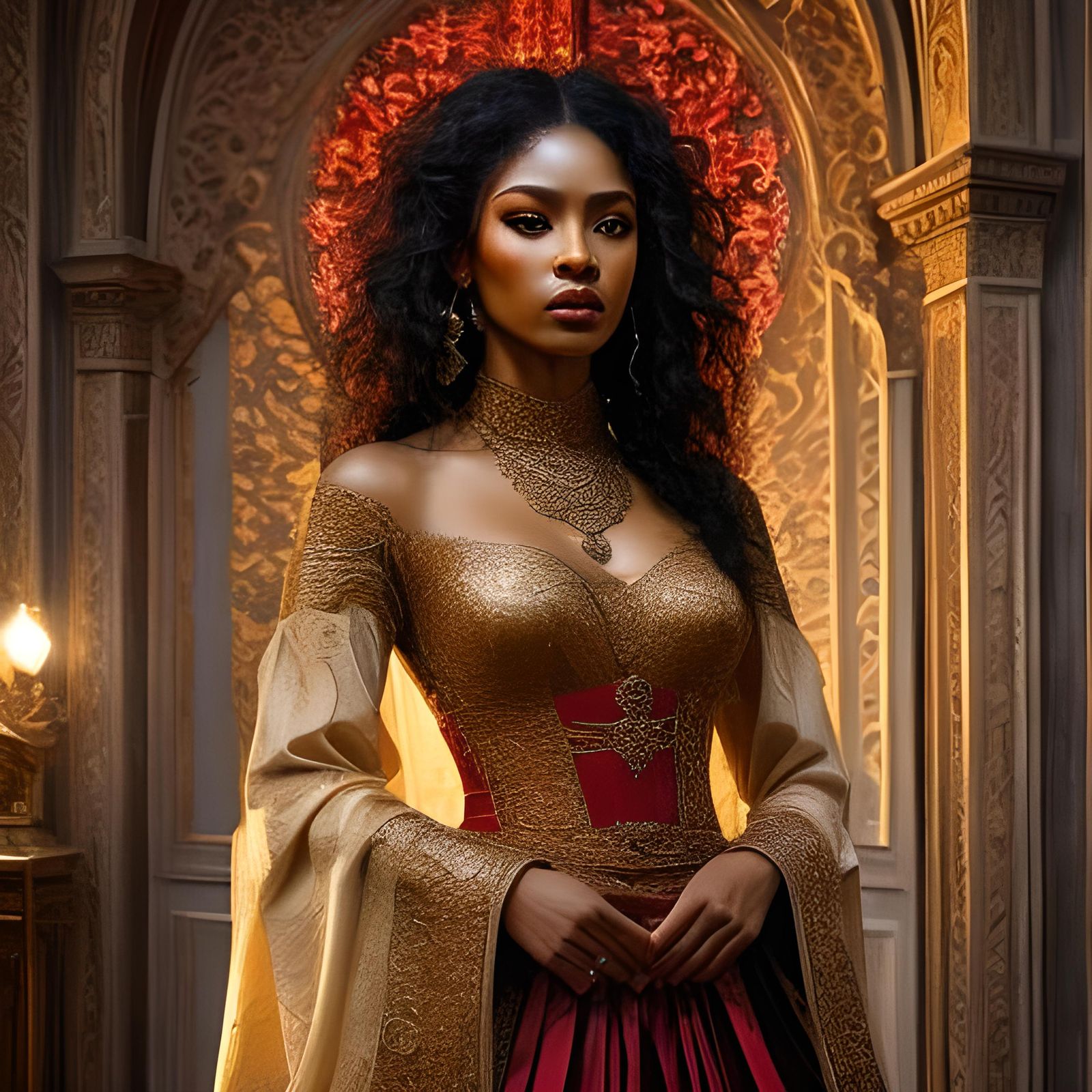 Opulent Hall with Woman in Filigree Red