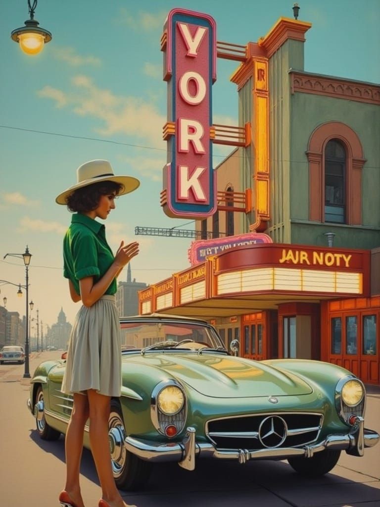 Mid Century Glamour: A Woman Contemplates Beside a Vintage C...